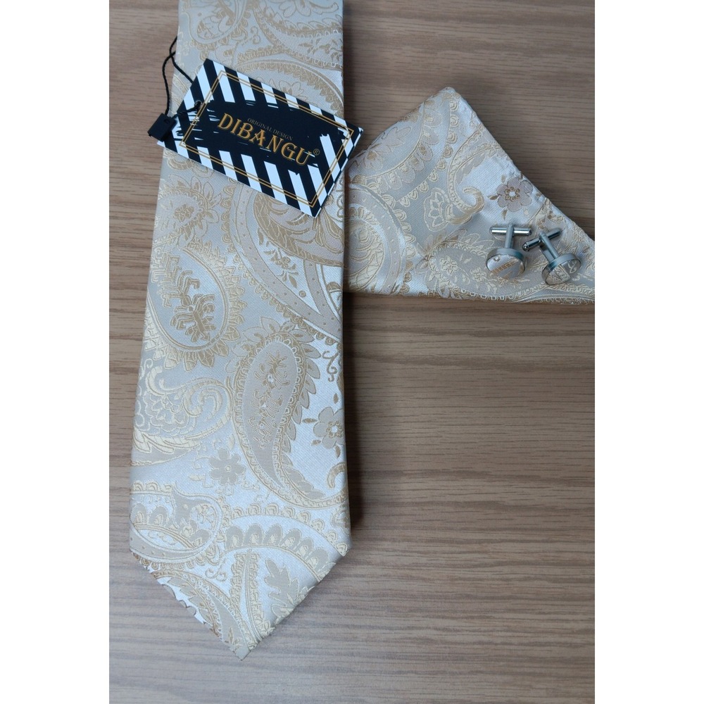 DIBANGU Gold Paisley Silk Tie Cufflink Pocket Square Set NEW